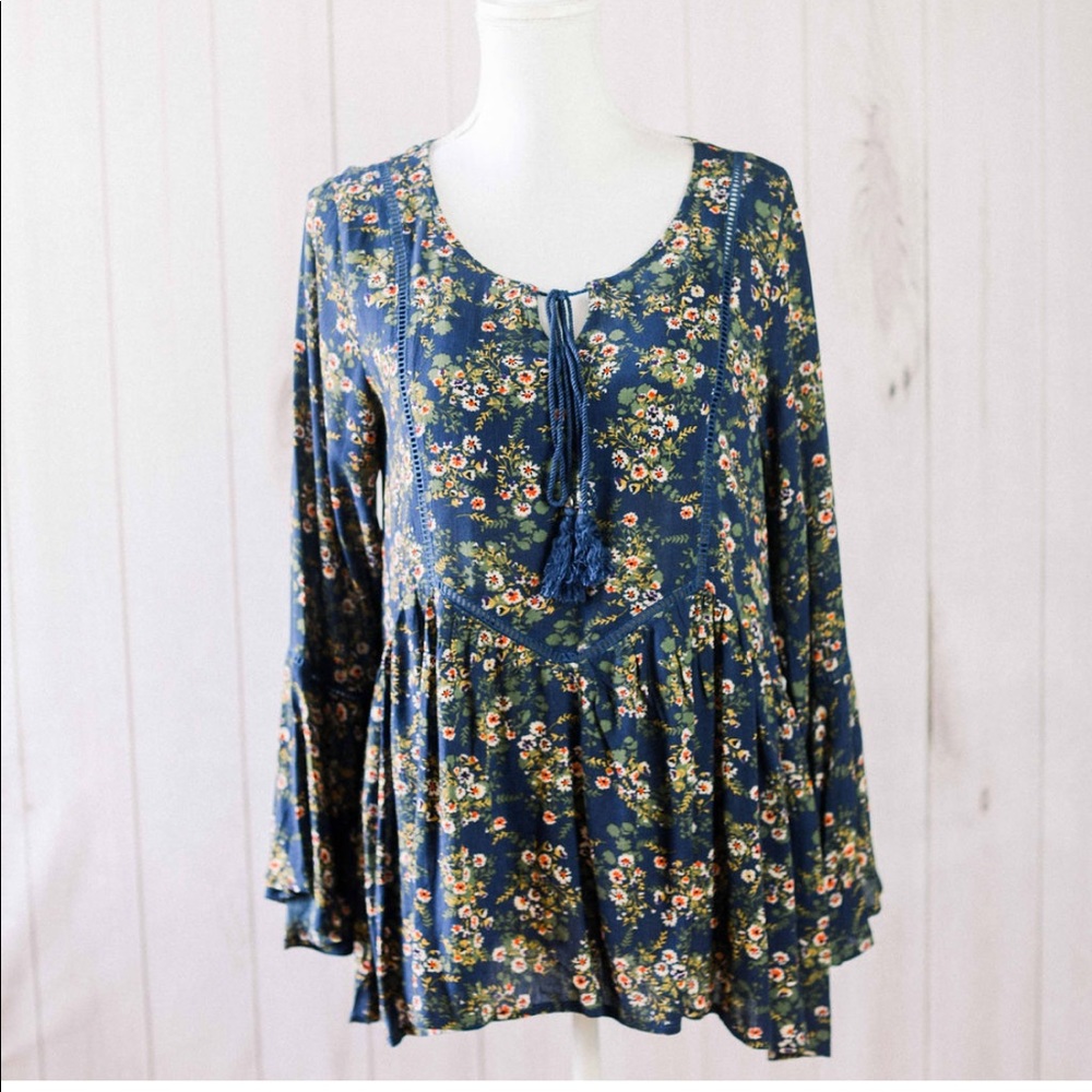 The Giovanna Blouse- navy floral bell peasant top - Picture 4 of 13